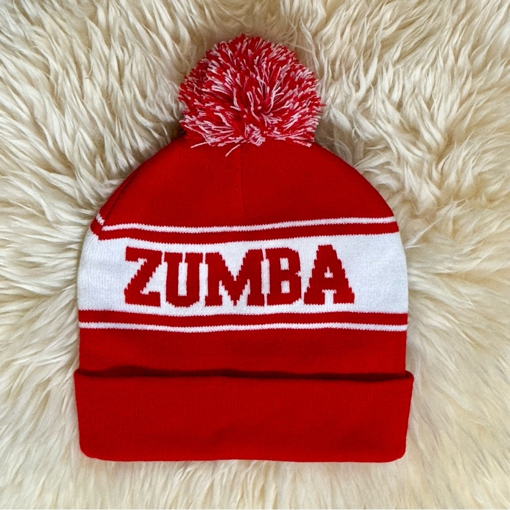 Zumba Fitness Holiday Red and White Pom-Pom Beanie Toque Hat Zumba Wear Unisex